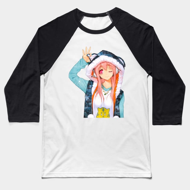 Anime Hood girl winking Baseball T-Shirt by awdio